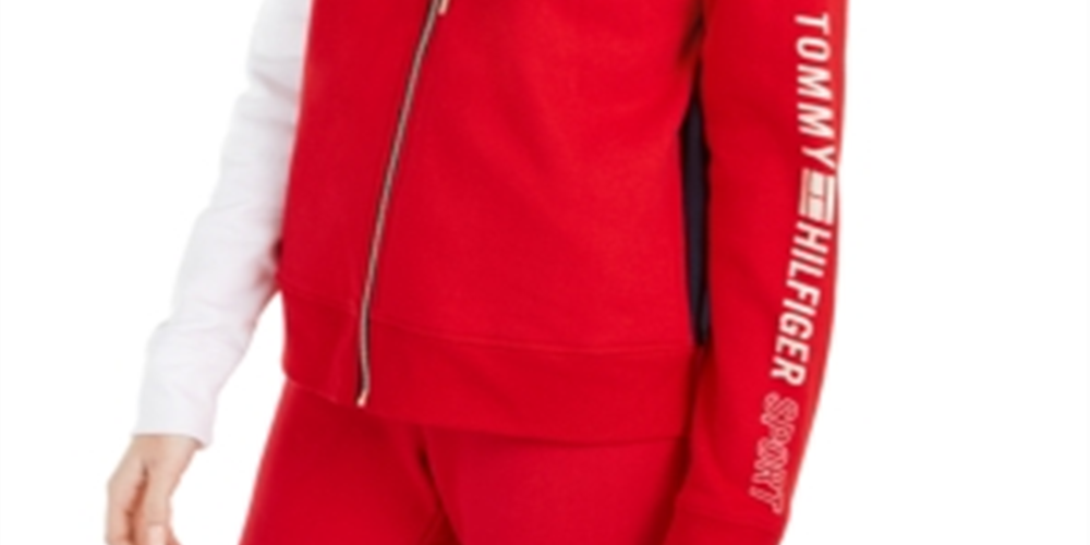Tommy Hilfiger Women's Sport Colorblocked Zip up Hooded Sweatshirt Red Size Medium