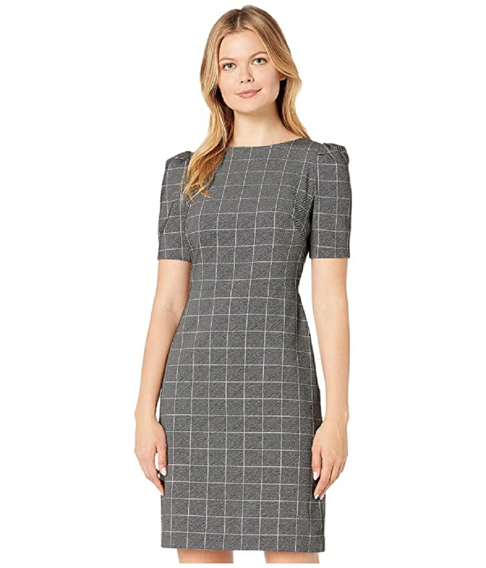 Ralph Lauren Women's Black Check Pouf Jewel Neck Above The Knee Sheath Wear To Work Dress Black Size 10