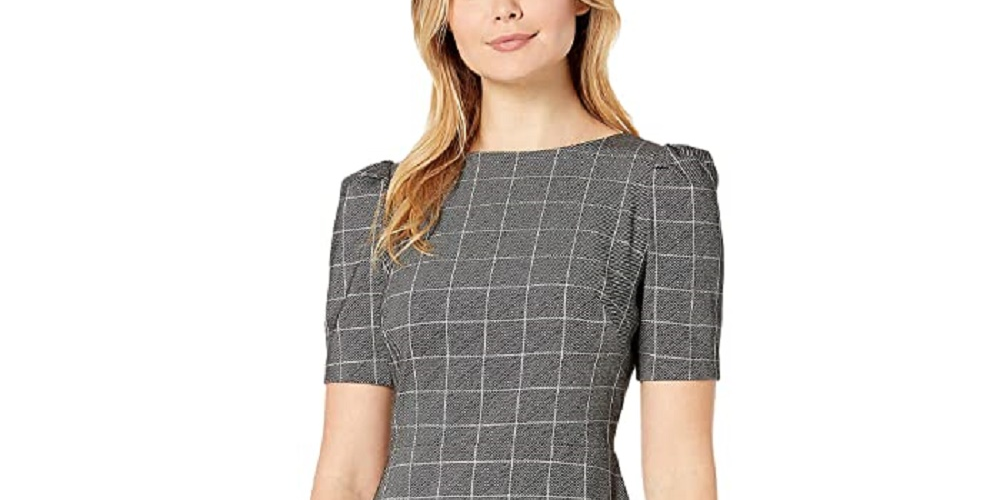 Ralph Lauren Women's Black Check Pouf Jewel Neck Above The Knee Sheath Wear To Work Dress Black Size 10