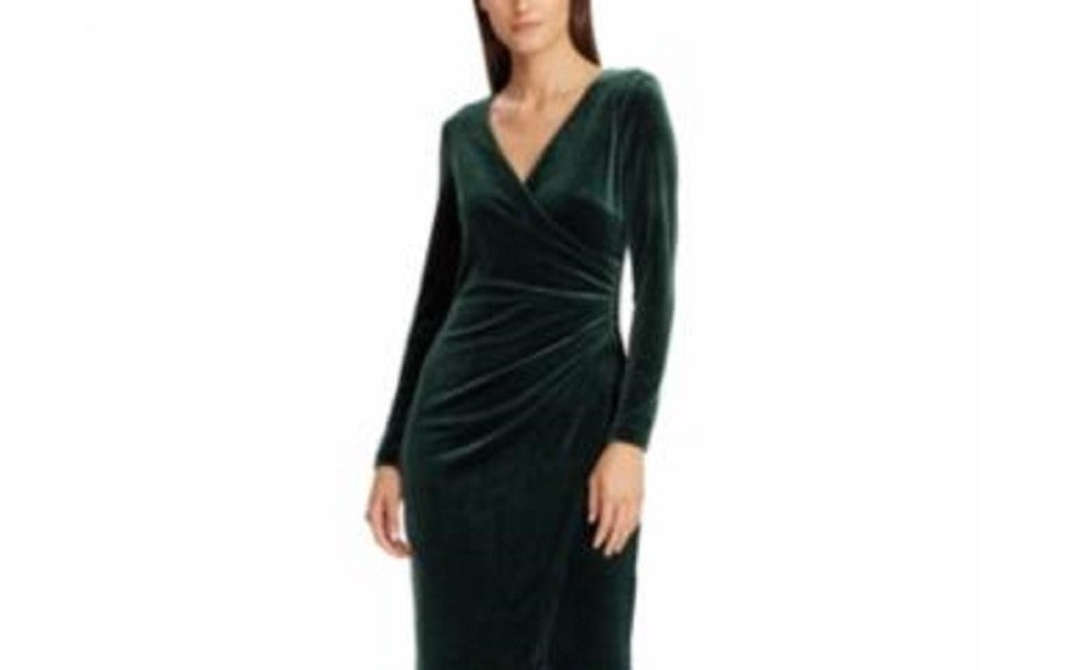 Ralph Lauren Women's Gathered Long Sleeve V Neck Above The Knee Body Con Party Dress Green Size 10 Petite