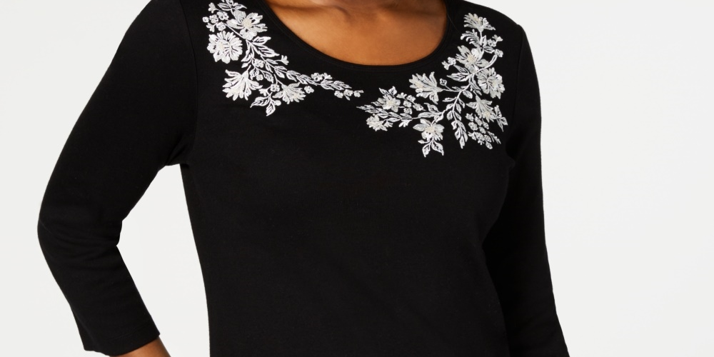 Karen Scott Women's Embroidered 3/4 Sleeve Top Black Size Petite Small