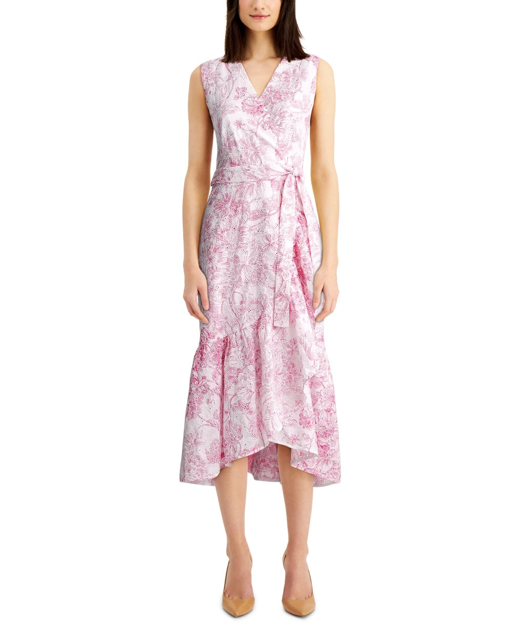 Charter Club Women's Printed Eyelet Ruffled Faux Wrap Dress Pink Size 14