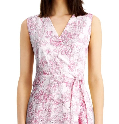 Charter Club Women's Printed Eyelet Ruffled Faux Wrap Dress Pink Size 14