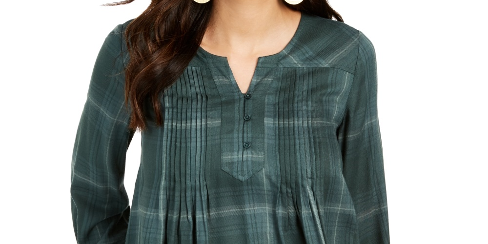 Style & Co Women's Plaid Split-Neck Top Green Size Medium