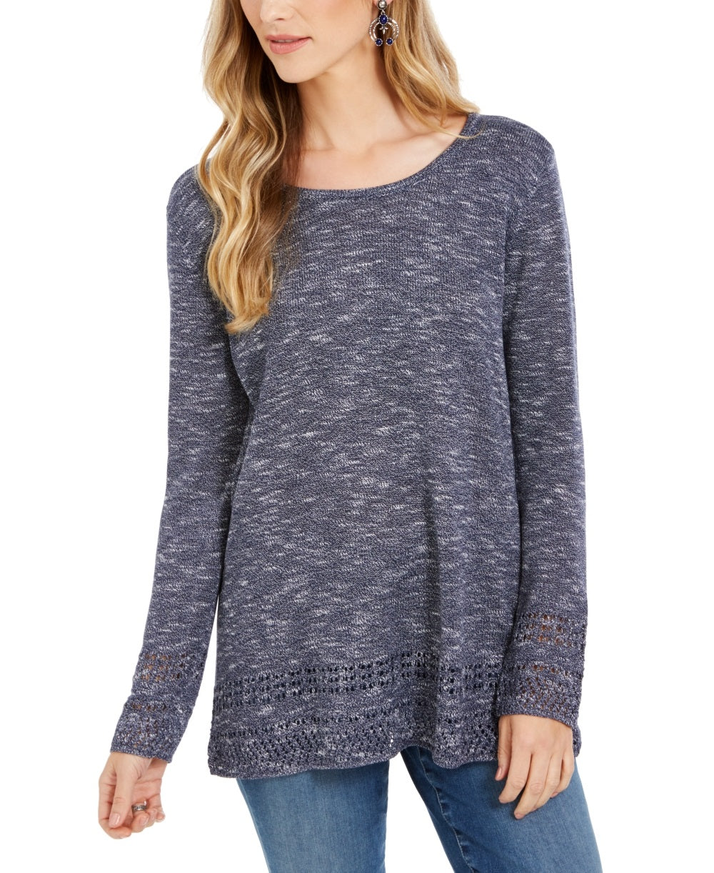 Style & Co Women's Pointelle Trim Marled Tunic Sweater Blue Size Small