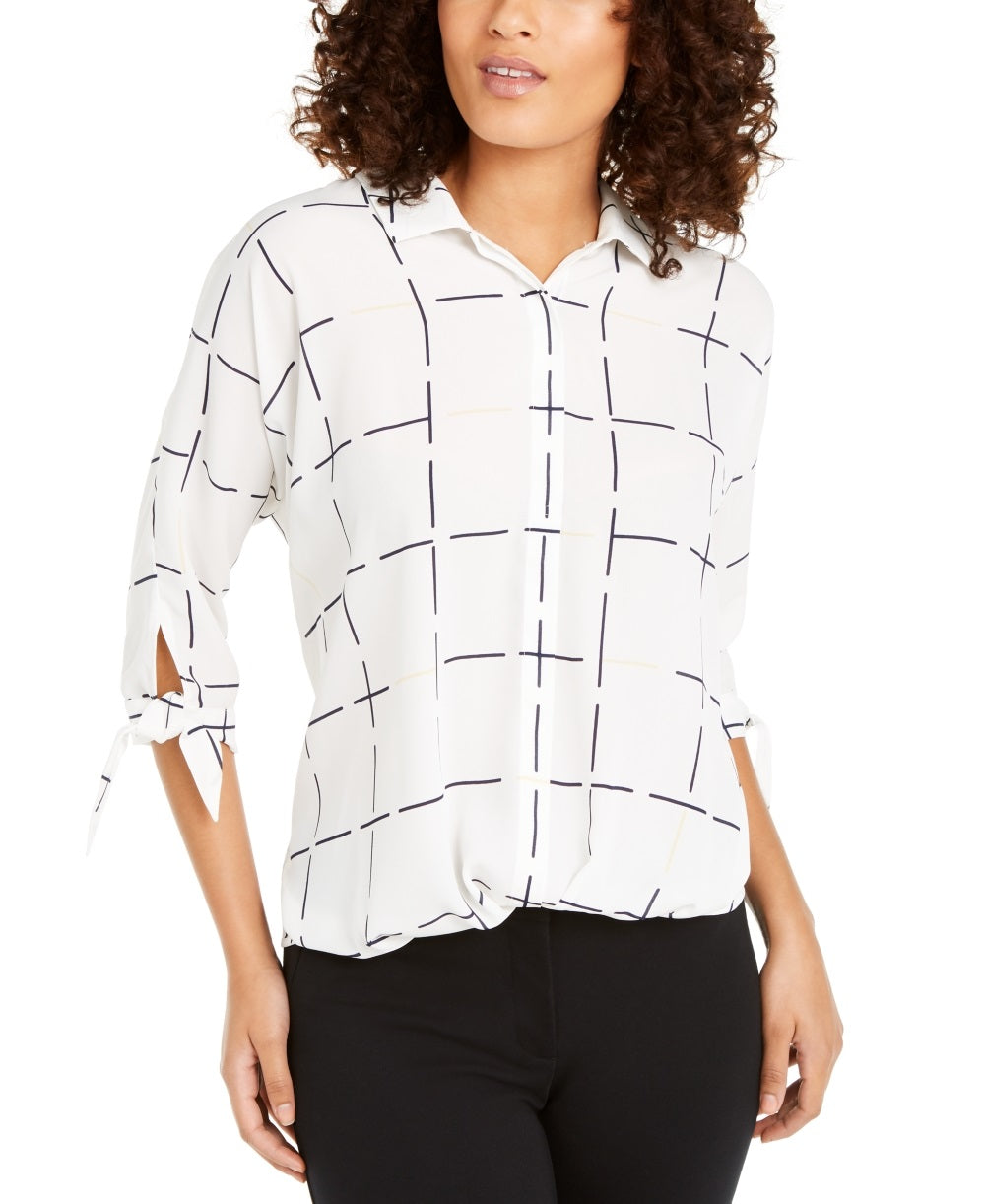 Alfani Women's Printed Tie Cuff Top White Size Petite Small