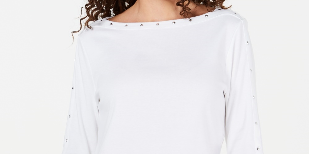 Karen Scott Women's Petite Studded Boat-Neck Cotton Top White Size PL