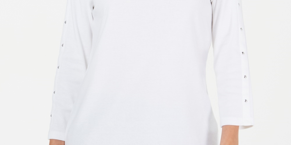 Karen Scott Women's Petite Studded Boat-Neck Cotton Top White Size PL