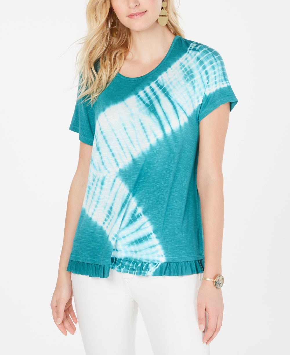 Style & Co Women's Tie Dyed Ruffle Hem Top Blue Size Small