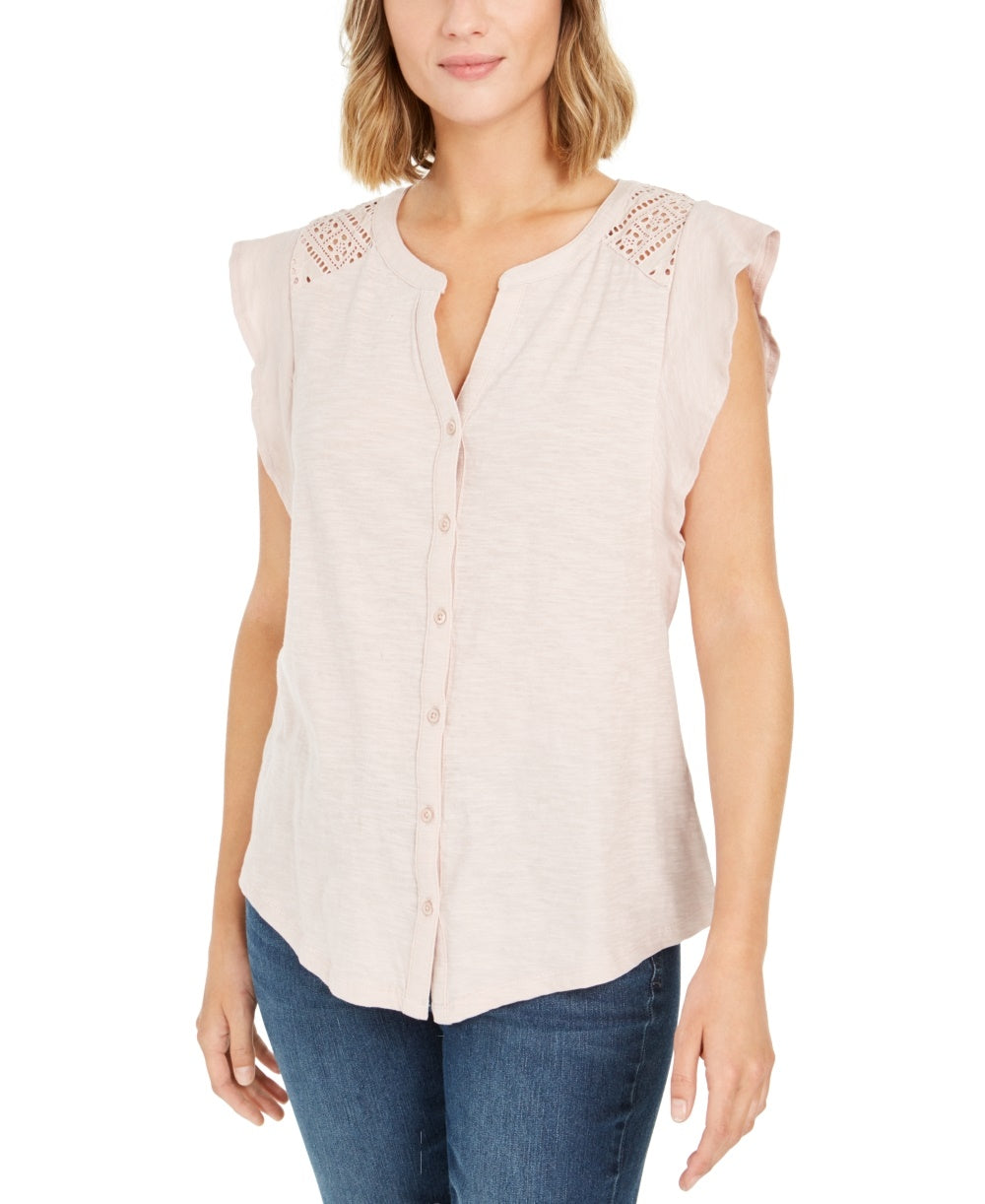 Style & Co Women's Eyelet Sleeveless Shirt Beige Size Medium