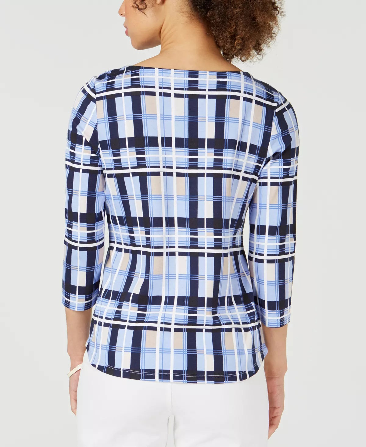 Charter Club Women's Cotton Plaid Boat Neck Top White Size Petite Small