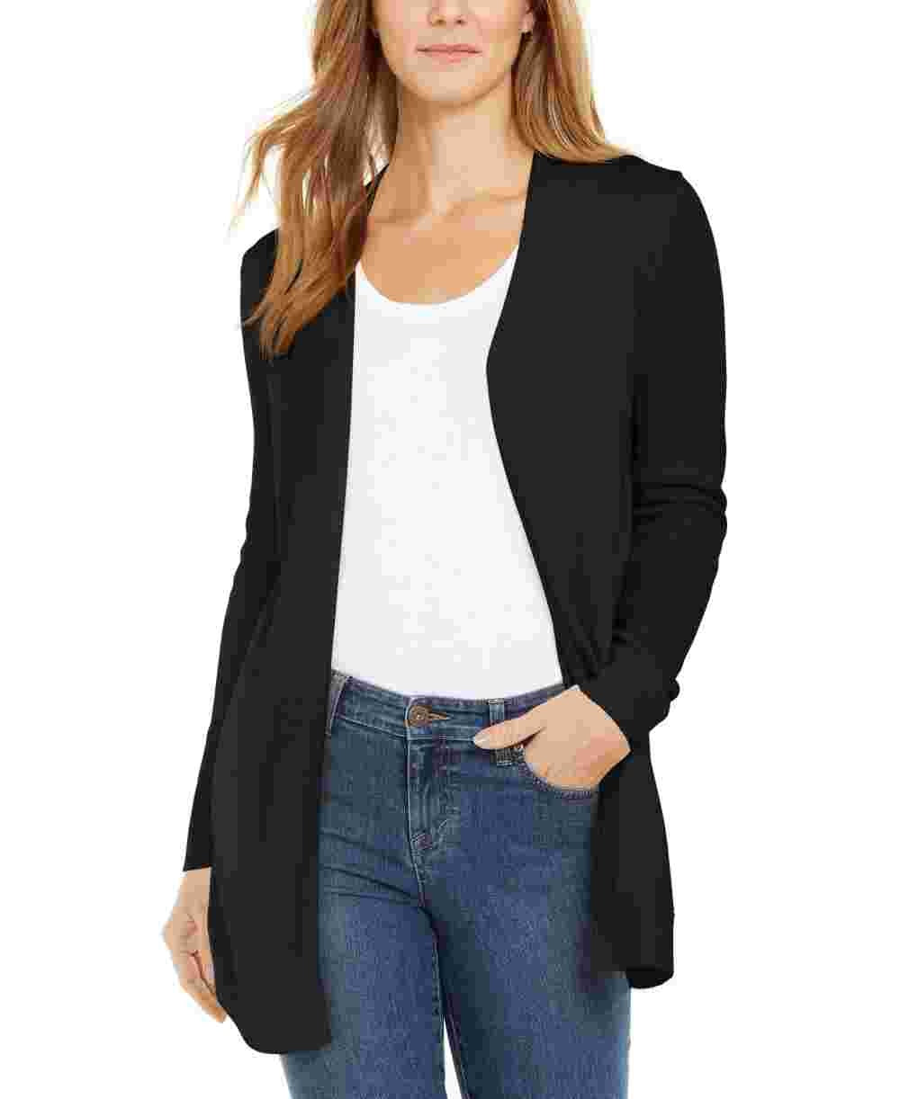 Charter Club Women's Open-Front Curved-Hem Completer Sweater Black Size Large