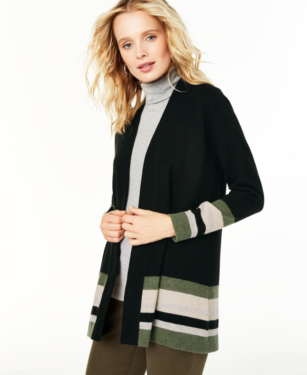 Charter Club Women's Striped Cashmere Cardigan Regular Black Size Petite Small
