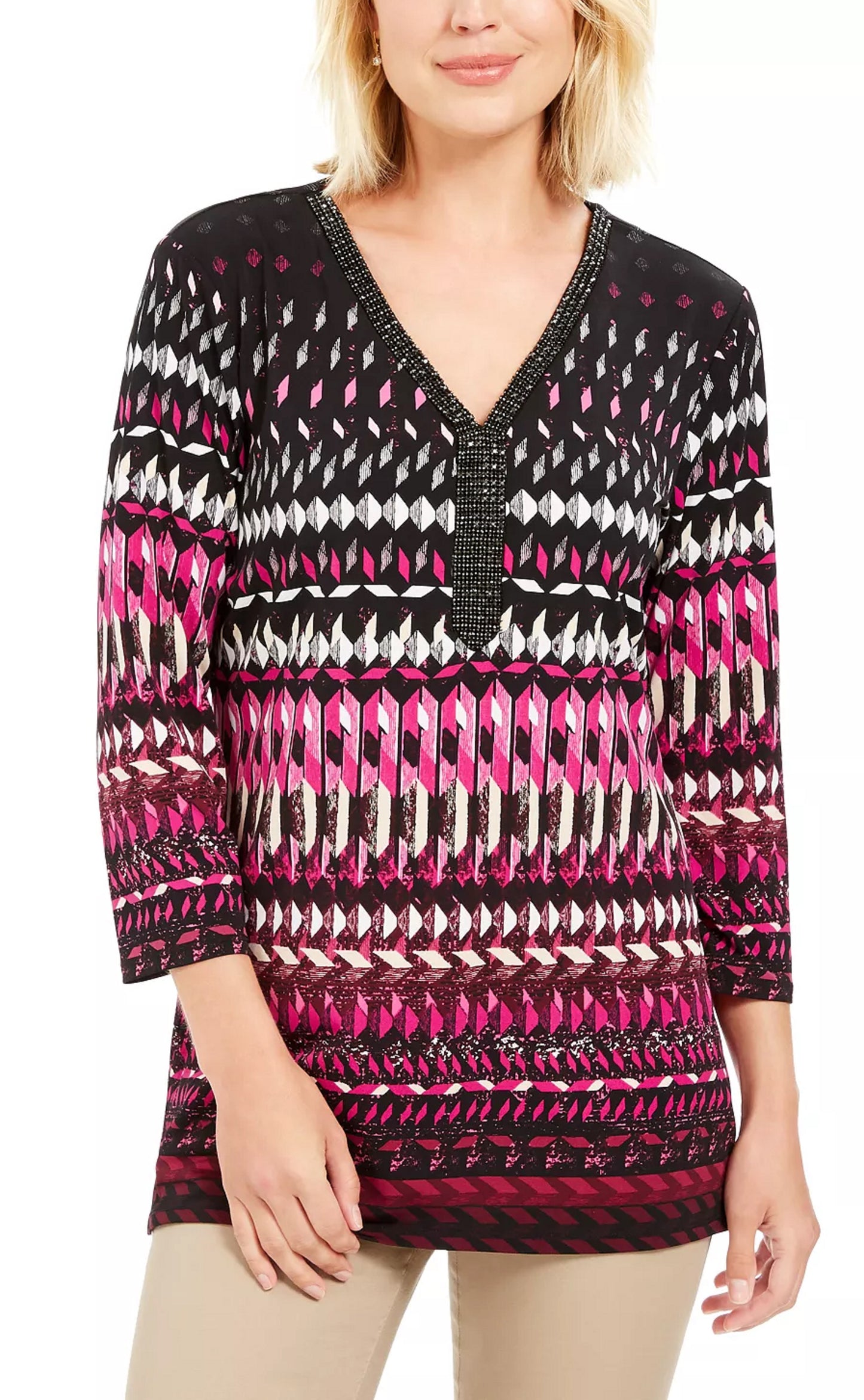 JM Collection Women's Geometric Long Sleeve V Neck T Shirt Top Pink Size Petite Small