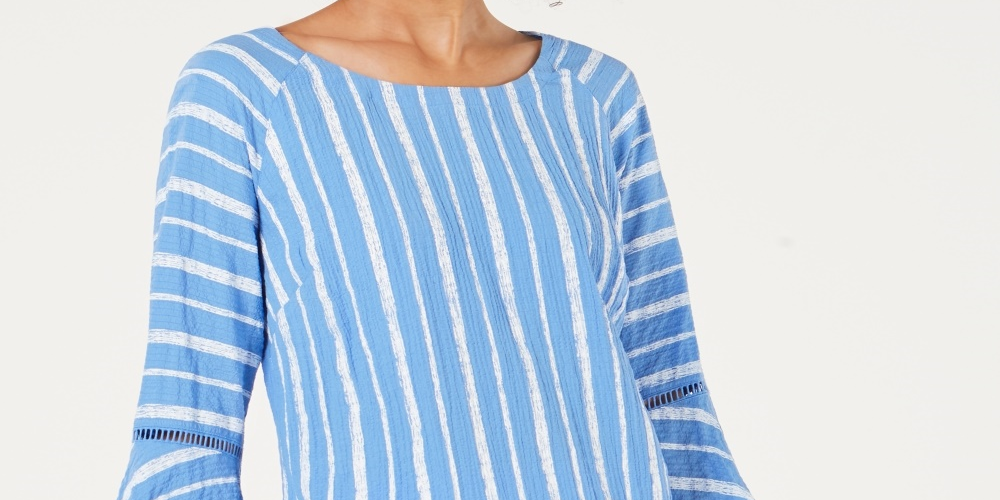 JM Collection Women's Petite Bell-Sleeve Crinkle Top Navy Size -PL