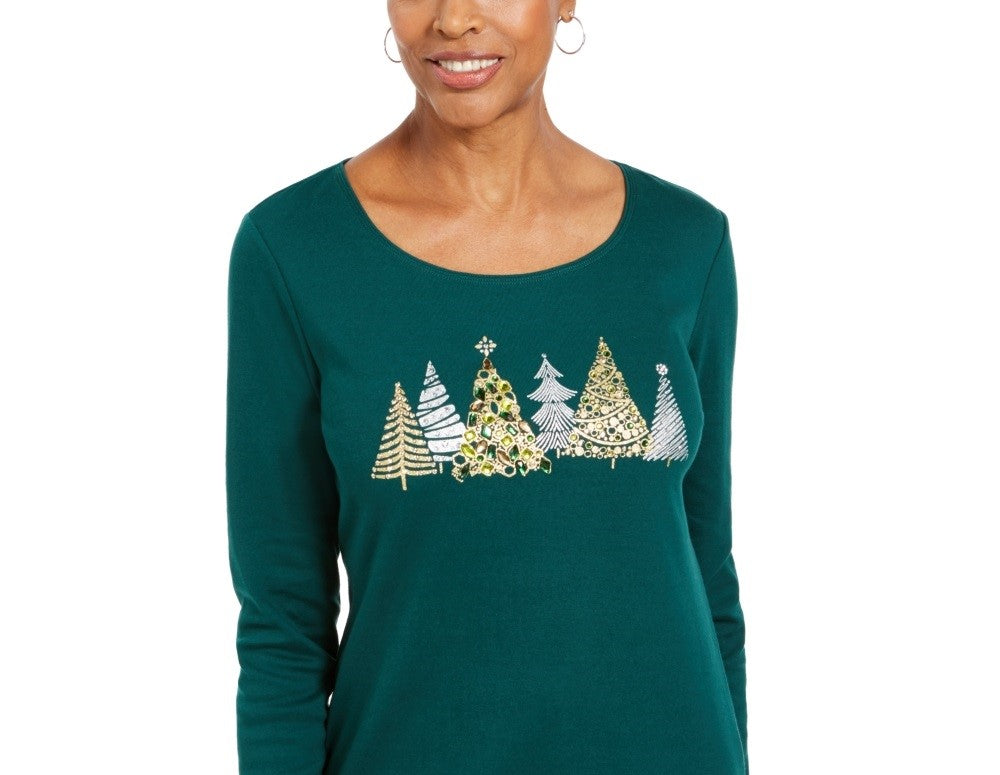 Karen Scott Women's Embellished Cotton Top Green Size PL