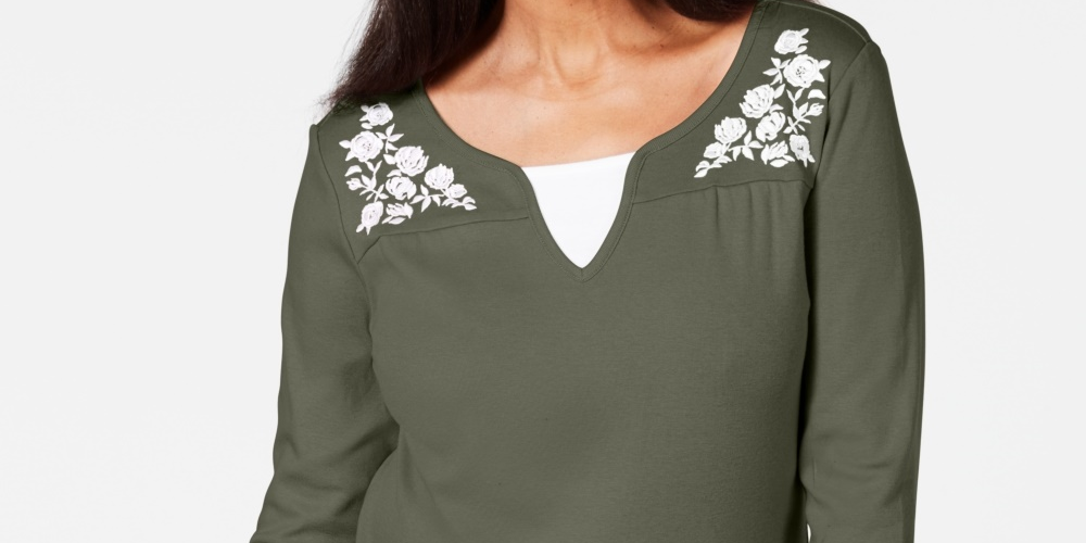 Karen Scott Women's Embroidered Cotton Layered-Look Top Green Size X-Small