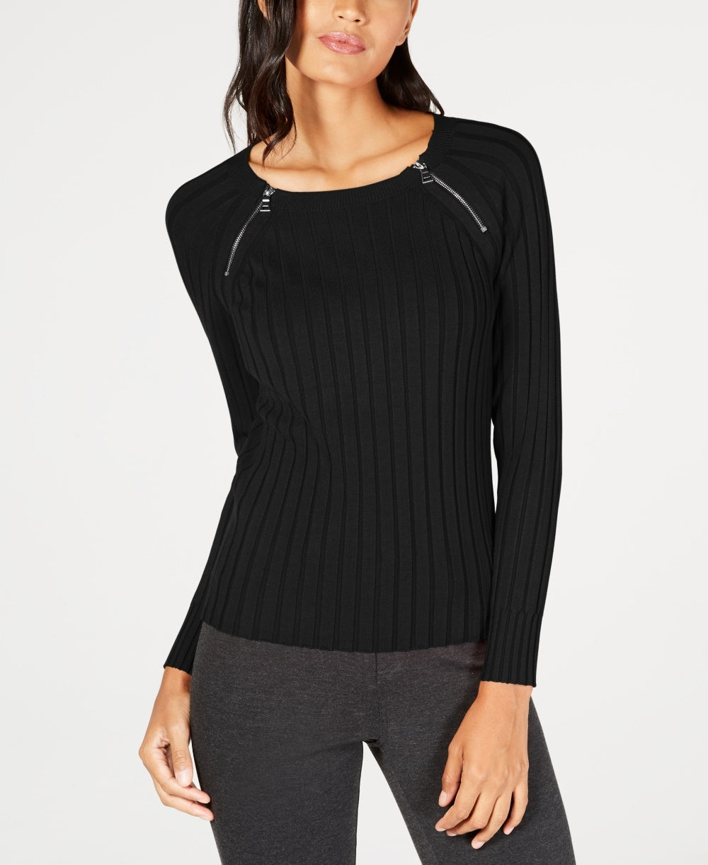 INC International Concepts Women's Petite Zip-Detail Ribbed Sweater Black Size PL