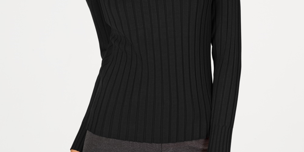 INC International Concepts Women's Petite Zip-Detail Ribbed Sweater Black Size PL