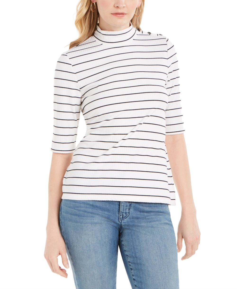 Charter Club Women's Striped Mock Neck Top White Size Large