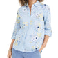Charter Club Women's Floral Print Linen Blend Shirt Blue Size Medium