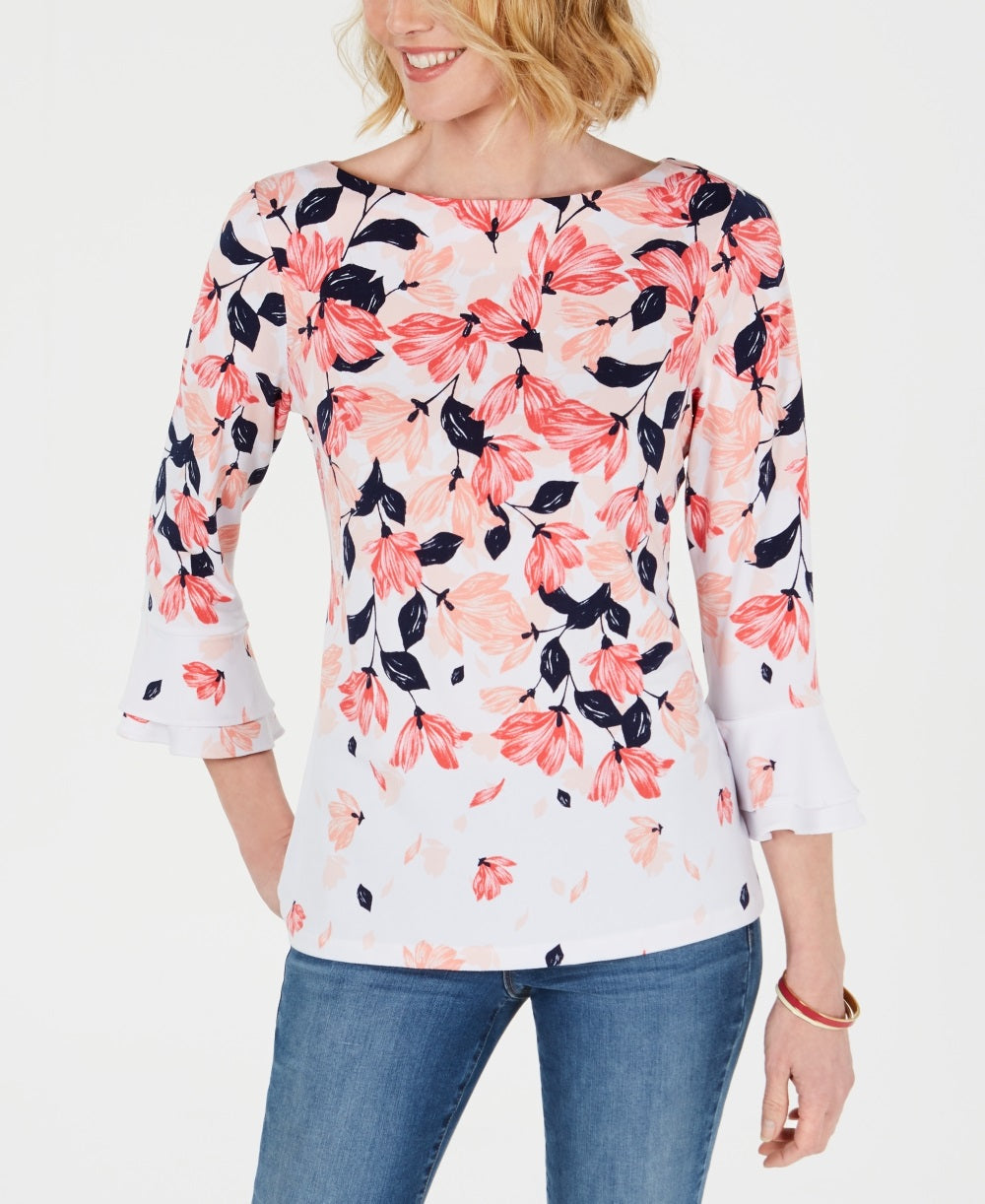 Charter Club Women's Printed Ruffle Sleeve Top White Size Small