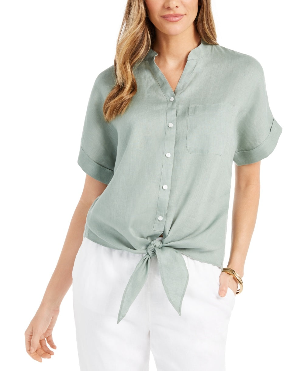 Charter Club Women's Linen Tie Front Button Up Shirt Green Size X-Large