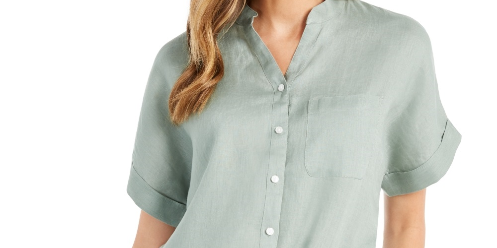 Charter Club Women's Linen Tie Front Button Up Shirt Green Size X-Large