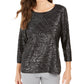 JM Collection Women's Petite Printed Metallic Jacquard Top Black PS