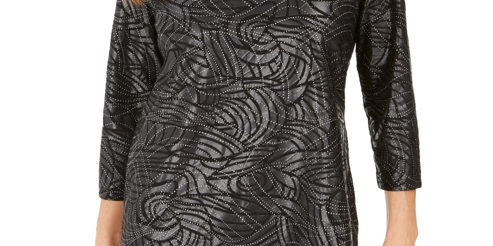 JM Collection Women's Petite Printed Metallic Jacquard Top Black PS