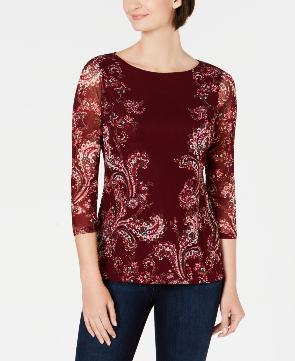 Charter Club Women's Floral Print Mesh Top Wine Size PXL