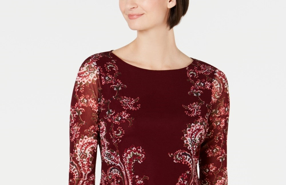 Charter Club Women's Floral Print Mesh Top Wine Size PXL