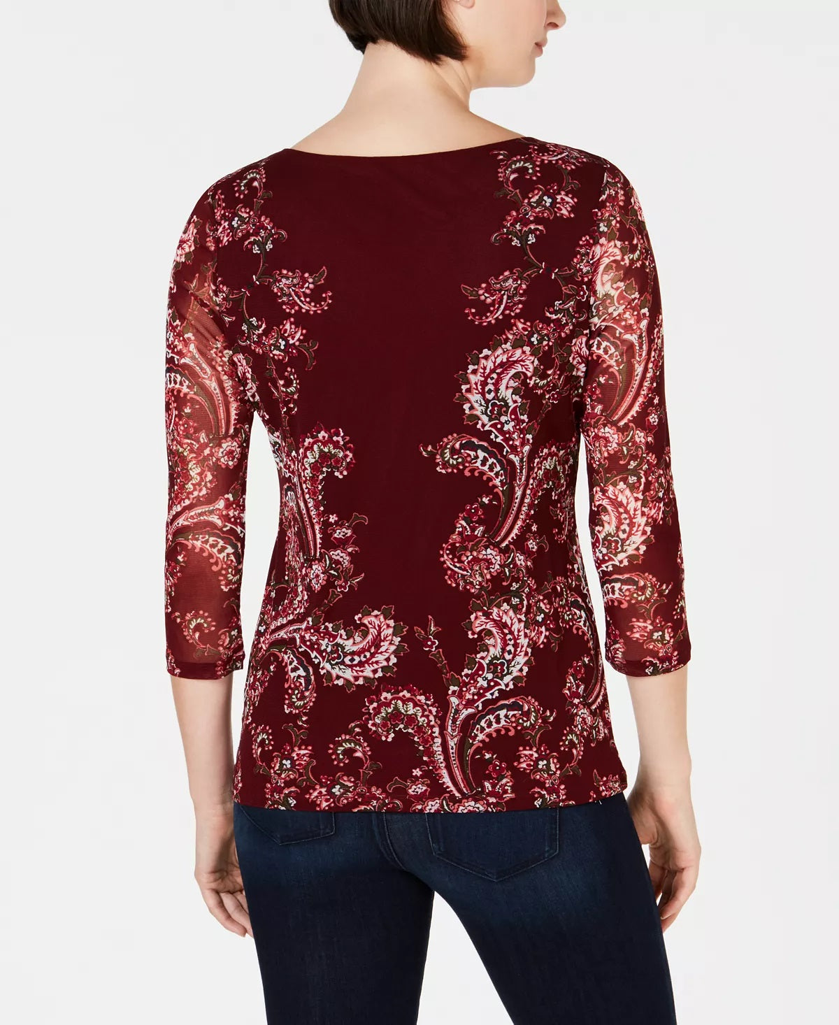 Charter Club Women's Floral Print Mesh Top Wine Size PXL
