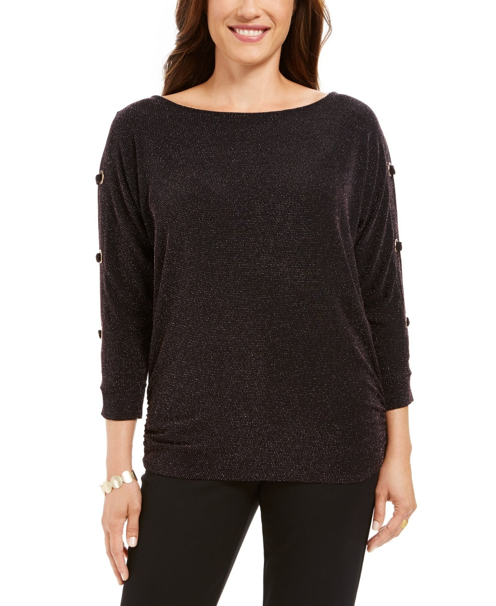 JM Collection Women's Split Sleeve Metallic Threaded Top Black Size Medium