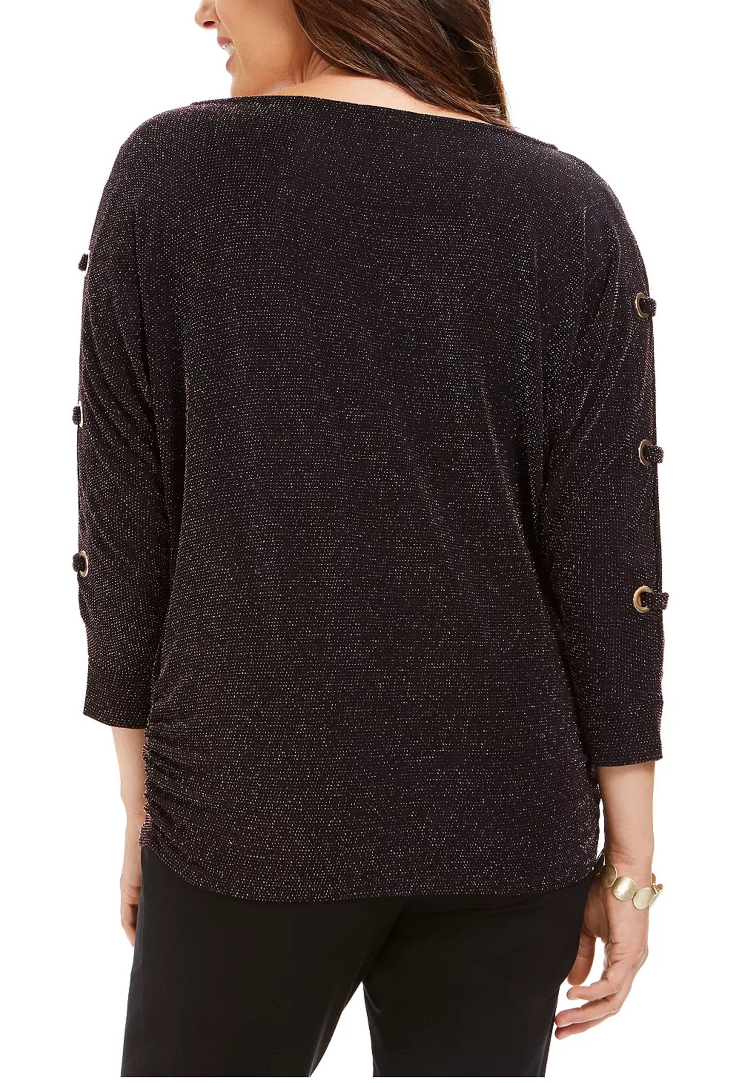 JM Collection Women's Split Sleeve Metallic Threaded Top Black Size Medium