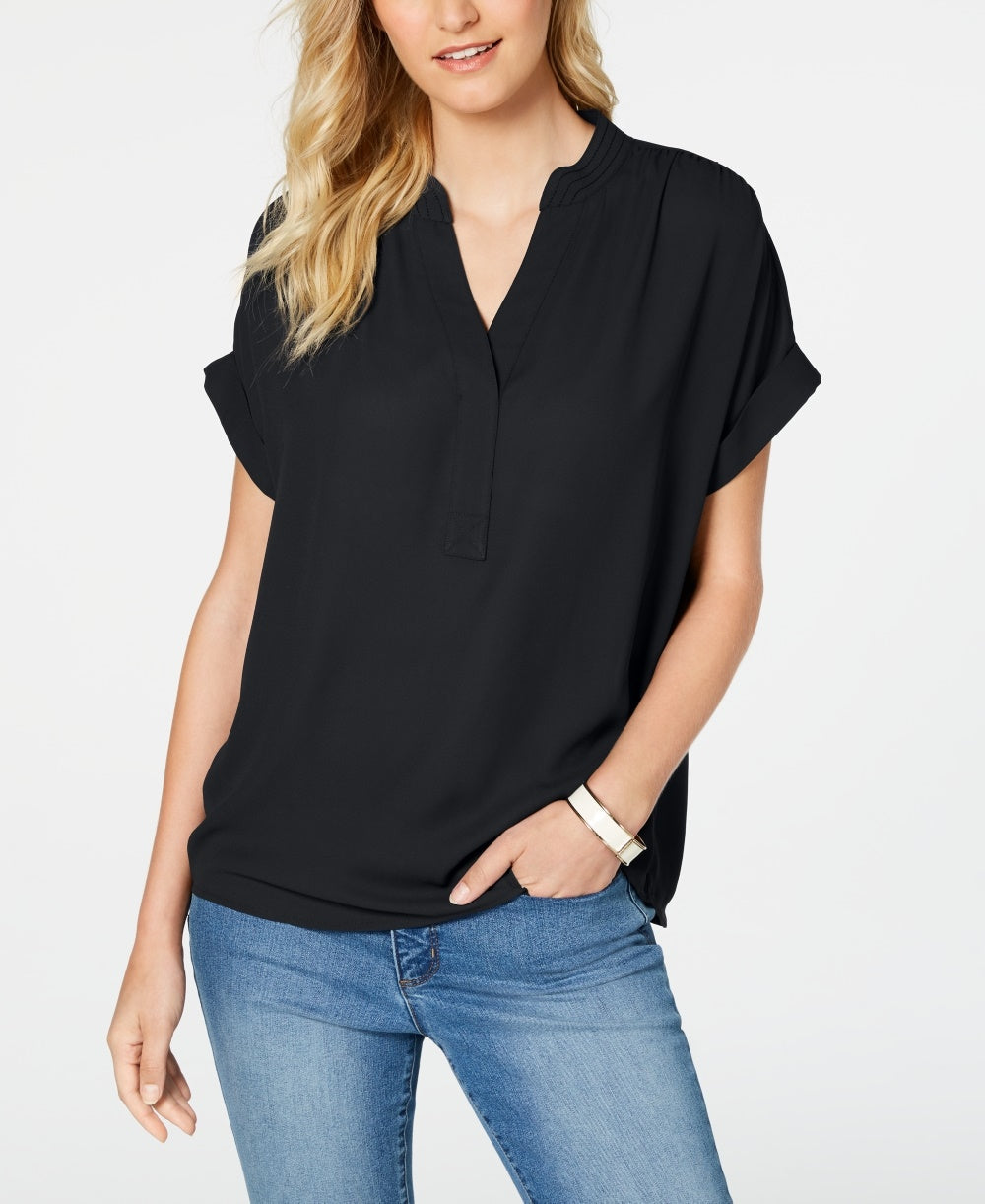 Charter Club Women's Split Neck Short Sleeve Top Black Size Petite Medium