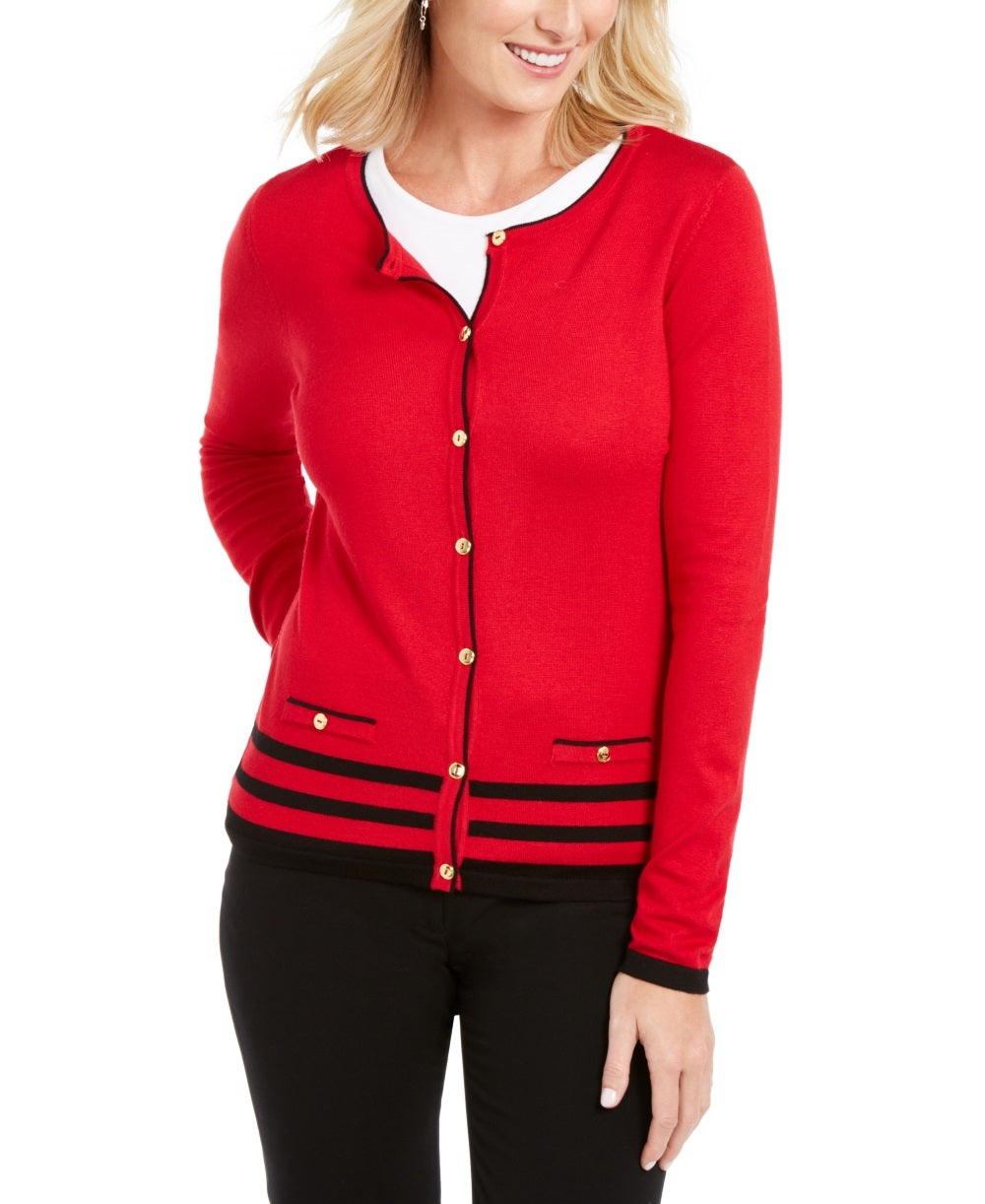 Karen Scott Women's Alexa Stripe Cardigan Red Size Petite Medium