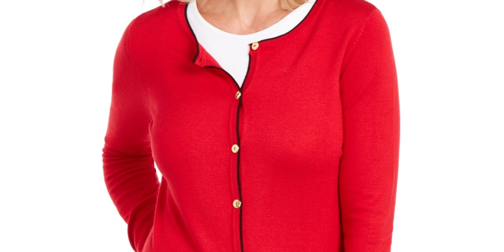 Karen Scott Women's Alexa Stripe Cardigan Red Size Petite Medium
