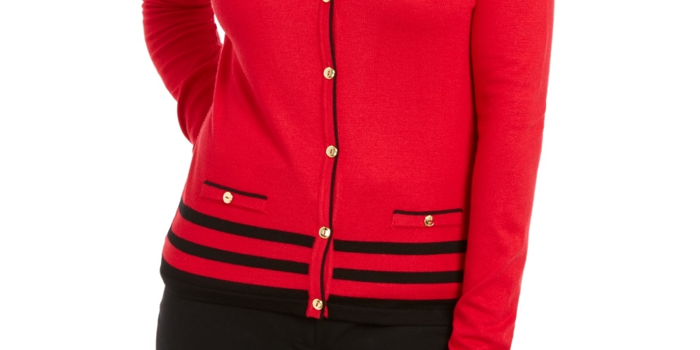 Karen Scott Women's Alexa Stripe Cardigan Red Size Petite Medium