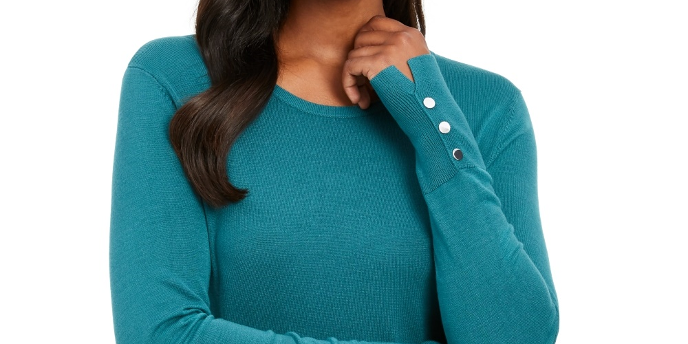JM Collection Women's Button Cuff Crewneck Sweater Green Size Petite Small