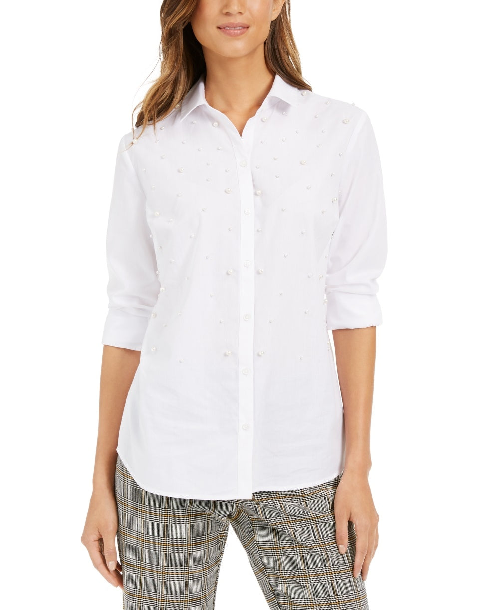 Charter Club Women's Petite Faux-Pearl Button-Front Shirt White PXL