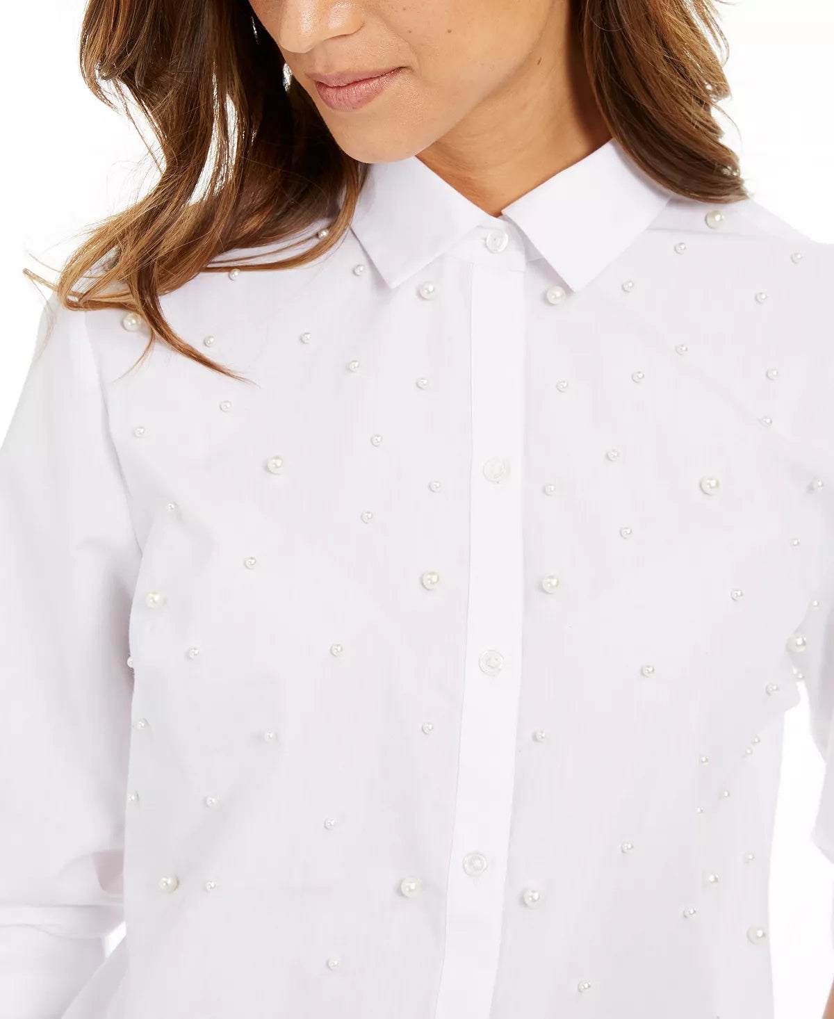 Charter Club Women's Petite Faux-Pearl Button-Front Shirt White PXL