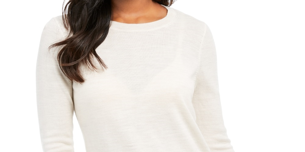 Charter Club Women'sWool Button Cuff Crewneck Sweater Beige Size Large