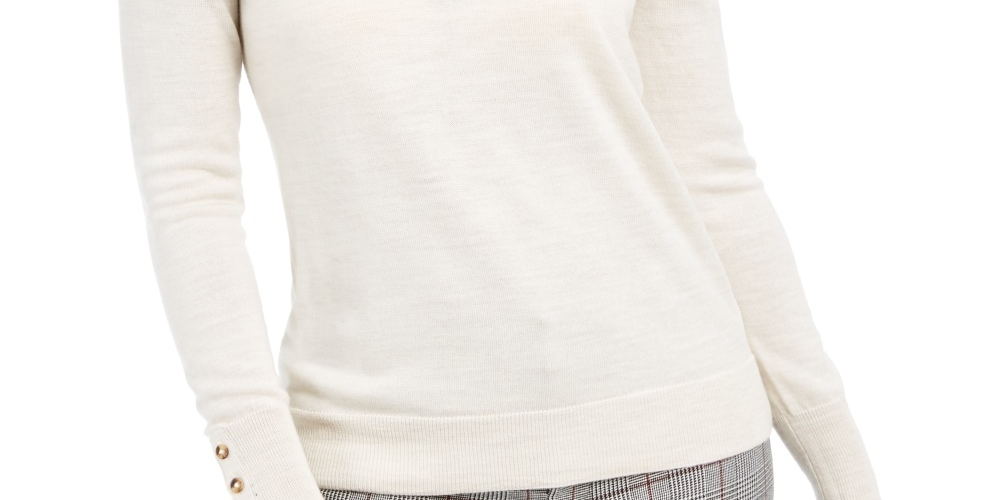 Charter Club Women'sWool Button Cuff Crewneck Sweater Beige Size Large