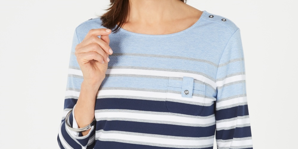 Karen Scott Women's Sport 3/4 Sleeve Striped Top Blue Size X-Small