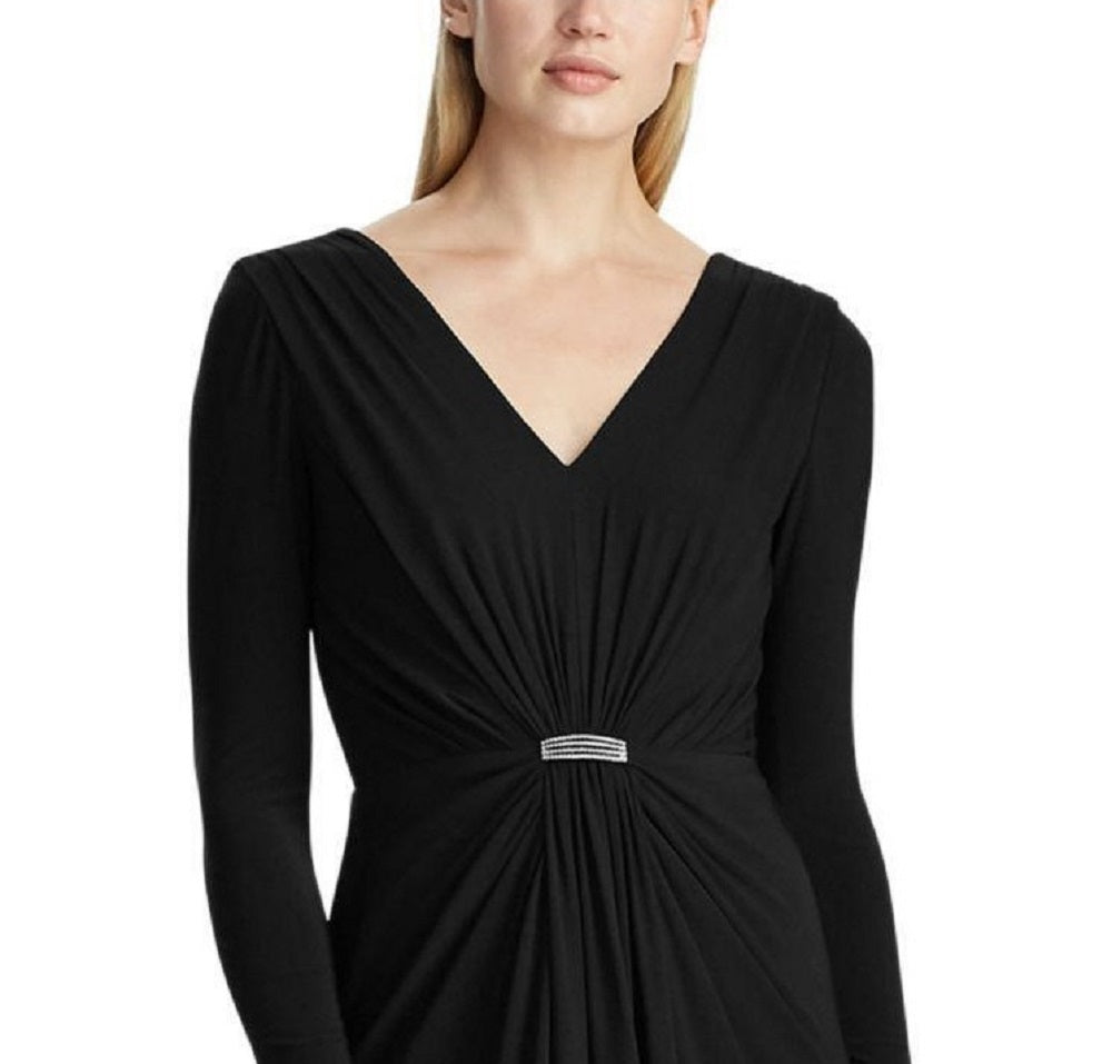 Ralph Lauren Women's Black Rhinestone Long Sleeve V Neck Maxi Evening Fit Flare Dress Black Size 10