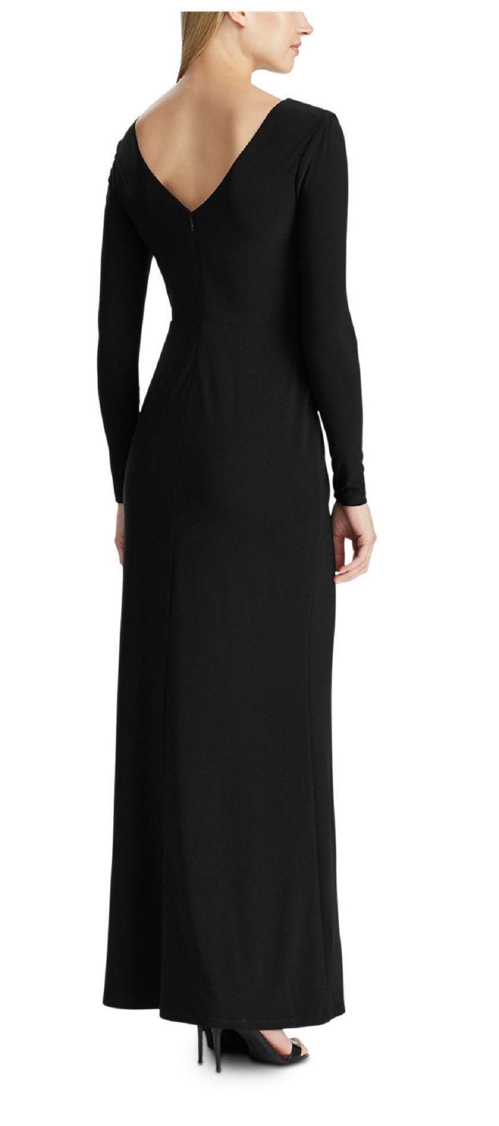 Ralph Lauren Women's Black Rhinestone Long Sleeve V Neck Maxi Evening Fit Flare Dress Black Size 10