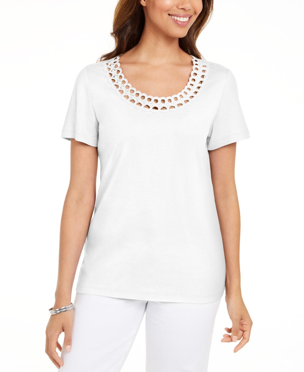 Karen Scott Women's Cotton Scalloped-Neck T-Shirt White Size Small