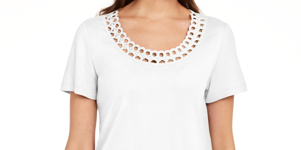Karen Scott Women's Cotton Scalloped-Neck T-Shirt White Size Small
