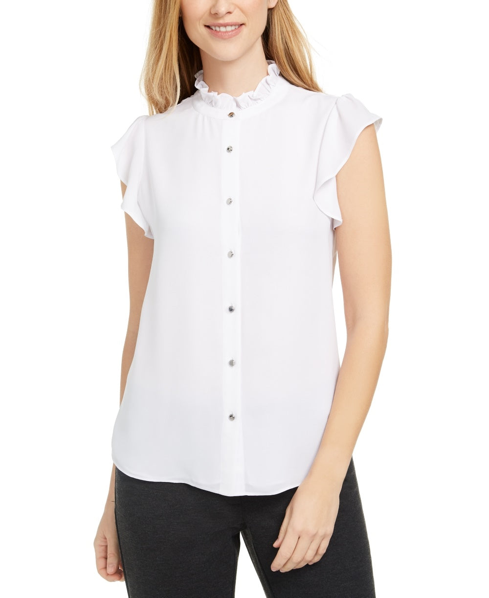Calvin Klein Women's Ruffled Mock-Neck Blouse White Size Small